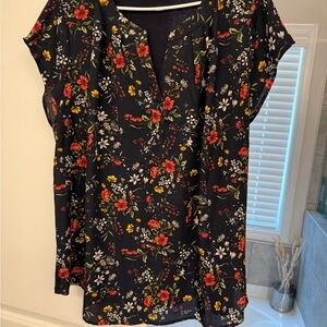 Papermoon Black Floral Split V-Neck Blouse with Red & Yellow Flowers